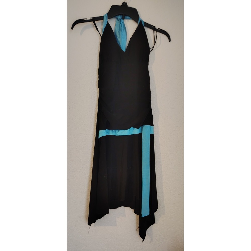 Vintage Y2K Taboo Black with Blue Ribbon Halter Asymmetrical Dress Size M